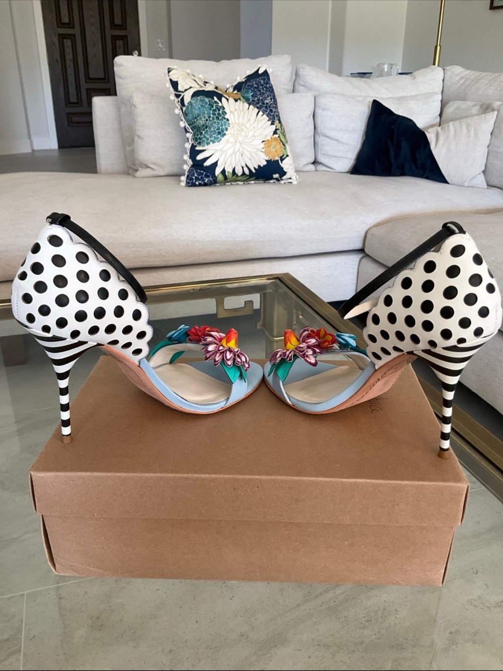 Sophia Webster Polka-dot Lilico blue, black white floral ankle strap Heels, 39 - Picture 7 of 12